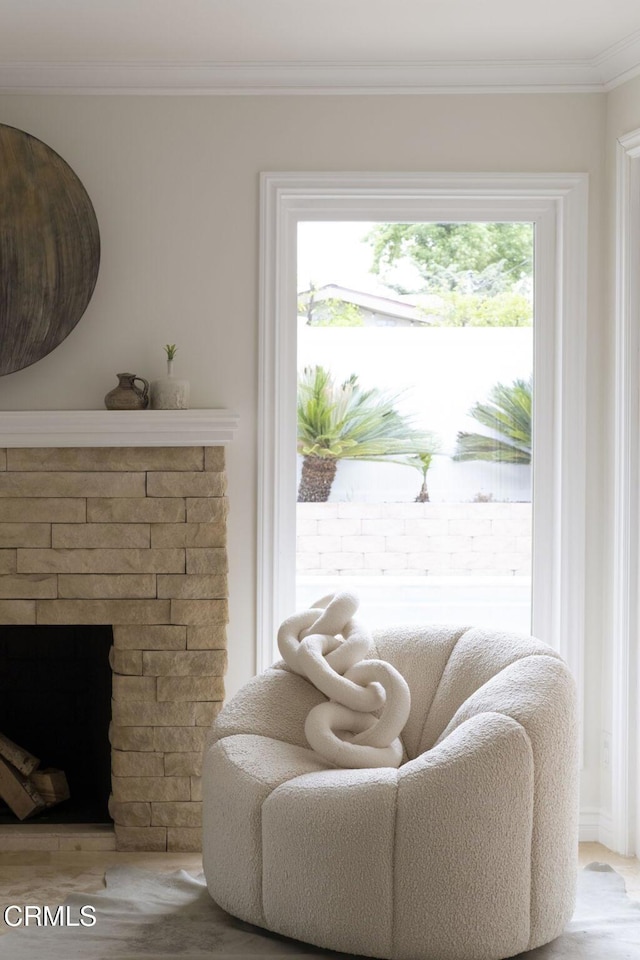 1325 Rexford Ave, Pasadena, CA 91107 - living area with crown molding, a brick fireplace, and wood finished floors