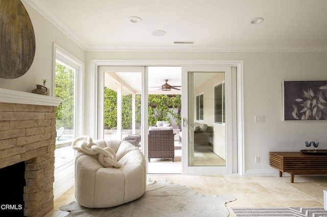1325 Rexford Ave, Pasadena, CA 91107 - living room featuring ornamental molding, ceiling fan, and a fireplace