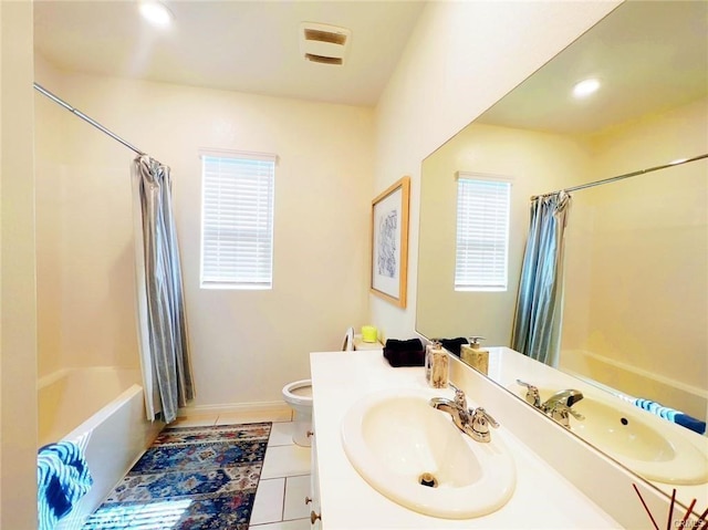 3410 E Foxglove Way, Ontario, CA 91761 - full bathroom featuring toilet, shower / bathtub combination with curtain, tile patterned flooring, vanity, and baseboards