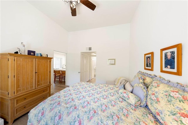 28107 Caldaro, Laguna Niguel, CA 92677 - bedroom featuring a towering ceiling, ceiling fan, and wood finished floors