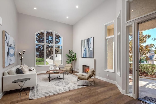 1808 Amalfi Dr, Encinitas, CA 92024 - sitting room featuring wood finished floors, high vaulted ceiling, recessed lighting, and a glass covered fireplace