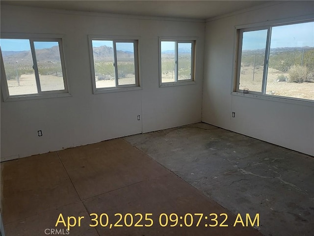 empty room featuring plenty of natural light and ornamental molding