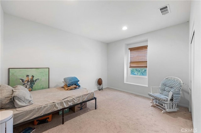 bedroom with carpet floors, baseboards, and recessed lighting