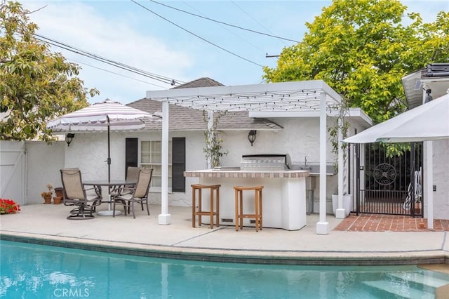 4225 Myrtle Ave, Long Beach, CA 90807 - rear view of house featuring stucco siding, a patio area, fence, an outdoor pool, and a shingled roof