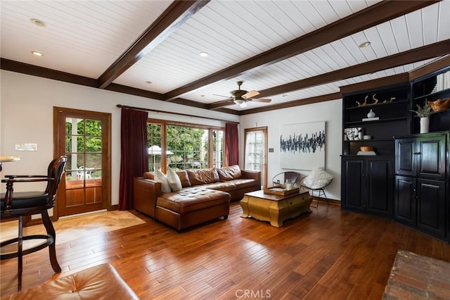 4225 Myrtle Ave, Long Beach, CA 90807 - living room with beam ceiling, hardwood / wood-style flooring, healthy amount of natural light, a ceiling fan, and wooden ceiling
