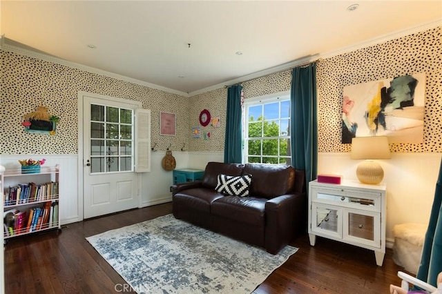 4225 Myrtle Ave, Long Beach, CA 90807 - living room with crown molding, a wainscoted wall, wallpapered walls, and hardwood / wood-style floors