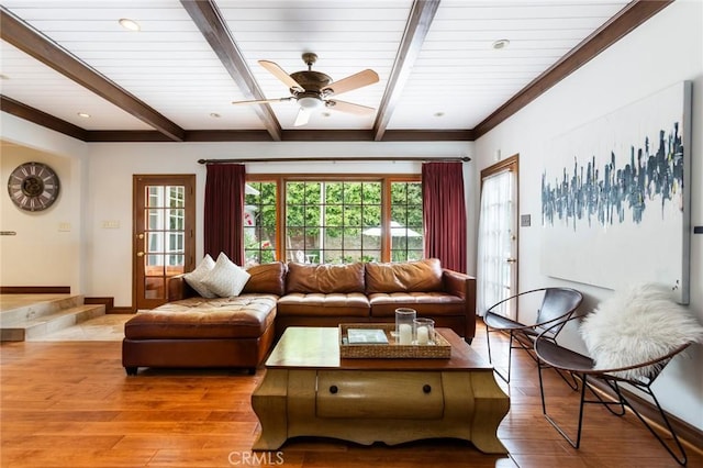 4225 Myrtle Ave, Long Beach, CA 90807 - living room with light wood-style floors, ceiling fan, and beamed ceiling