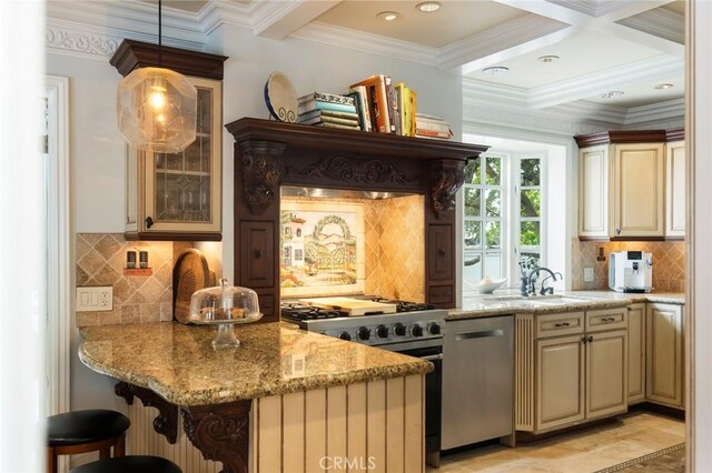 4225 Myrtle Ave, Long Beach, CA 90807 - kitchen with appliances with stainless steel finishes, a sink, cream cabinets, light stone countertops, and beam ceiling