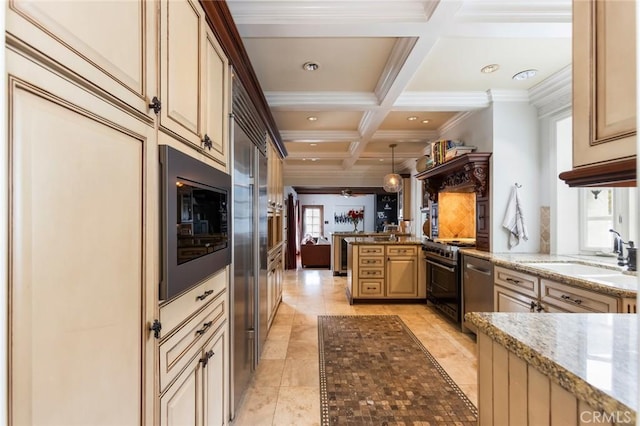 4225 Myrtle Ave, Long Beach, CA 90807 - kitchen with a sink, beam ceiling, coffered ceiling, stainless steel appliances, and a peninsula