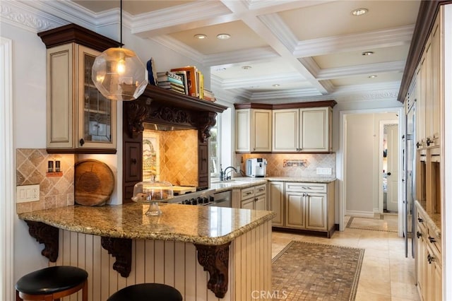 4225 Myrtle Ave, Long Beach, CA 90807 - kitchen featuring a peninsula, a breakfast bar area, crown molding, coffered ceiling, and light stone countertops