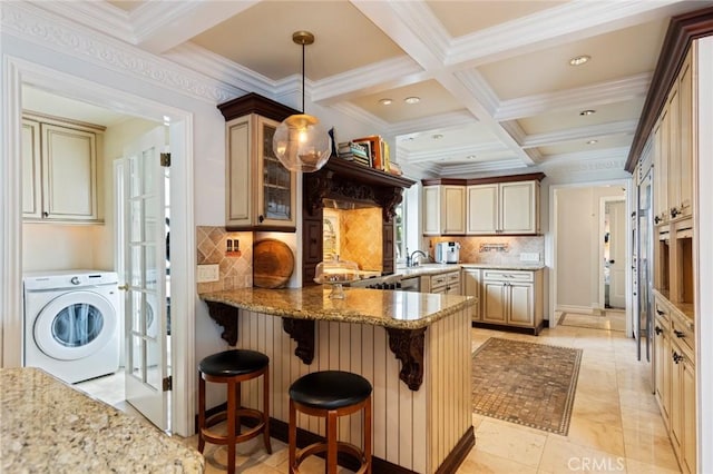 4225 Myrtle Ave, Long Beach, CA 90807 - kitchen featuring washer / clothes dryer, crown molding, coffered ceiling, beam ceiling, and a peninsula