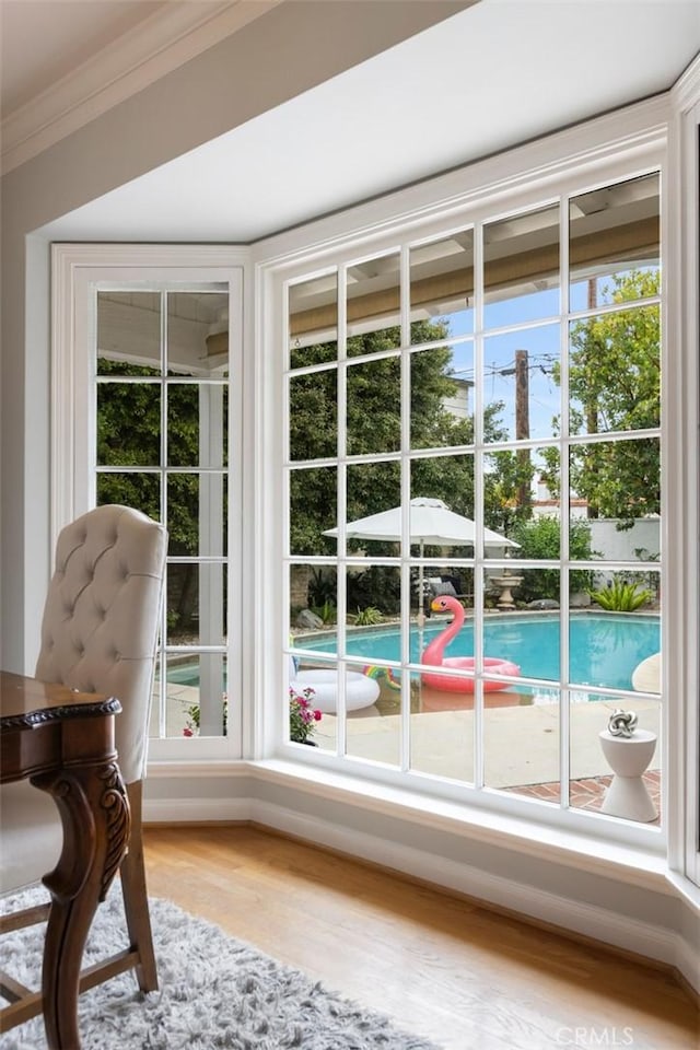 4225 Myrtle Ave, Long Beach, CA 90807 - doorway to outside featuring crown molding, wood finished floors, and plenty of natural light
