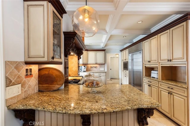 4225 Myrtle Ave, Long Beach, CA 90807 - kitchen with built in refrigerator, decorative backsplash, light stone counters, beam ceiling, and glass insert cabinets