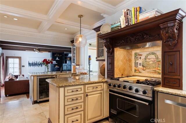 4225 Myrtle Ave, Long Beach, CA 90807 - kitchen featuring beverage cooler, stainless steel appliances, a peninsula, cream cabinets, and decorative backsplash