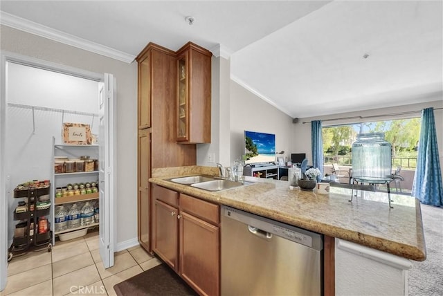 1980 Las Colinas Cir Unit 301, Corona, CA 92879 - kitchen featuring dishwasher, vaulted ceiling, ornamental molding, brown cabinets, and light stone countertops