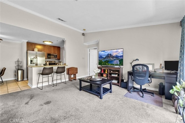 1980 Las Colinas Cir Unit 301, Corona, CA 92879 - living room featuring light colored carpet, a desk, and ornamental molding