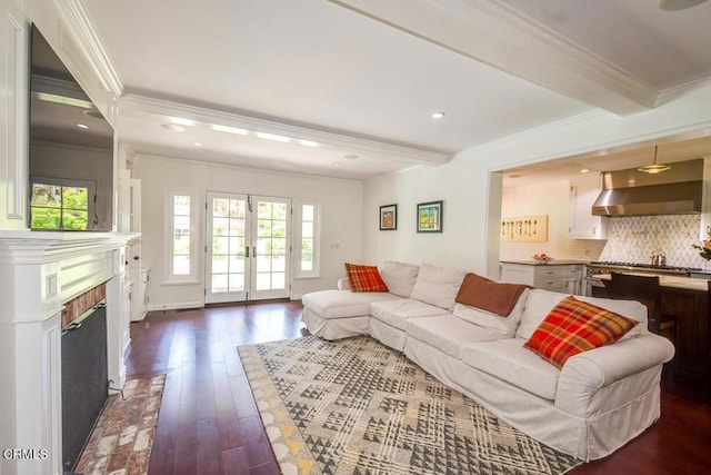 1908 Warwick Rd, San Marino, CA 91108 - living area with ornamental molding, dark wood-style flooring, a fireplace, beamed ceiling, and french doors