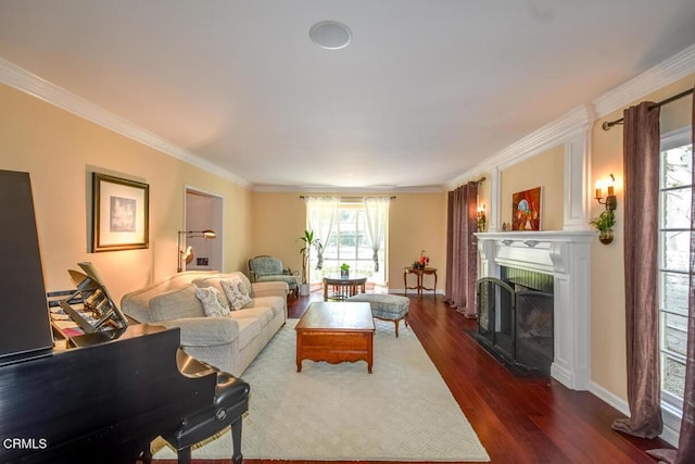 1908 Warwick Rd, San Marino, CA 91108 - living area featuring dark wood-style flooring, a fireplace, ornamental molding, and baseboards