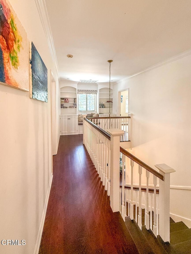 1908 Warwick Rd, San Marino, CA 91108 - hallway featuring an upstairs landing, ornamental molding, baseboards, and dark wood-style floors