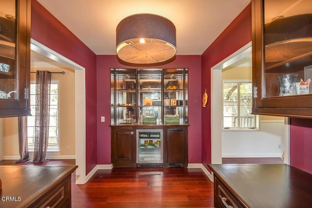 1908 Warwick Rd, San Marino, CA 91108 - bar featuring wine cooler, dark wood-style flooring, and baseboards