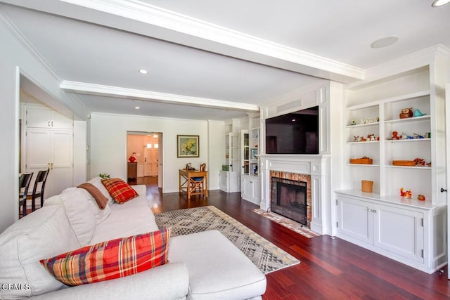 1908 Warwick Rd, San Marino, CA 91108 - living room with crown molding, dark wood finished floors, a fireplace, and built in shelves