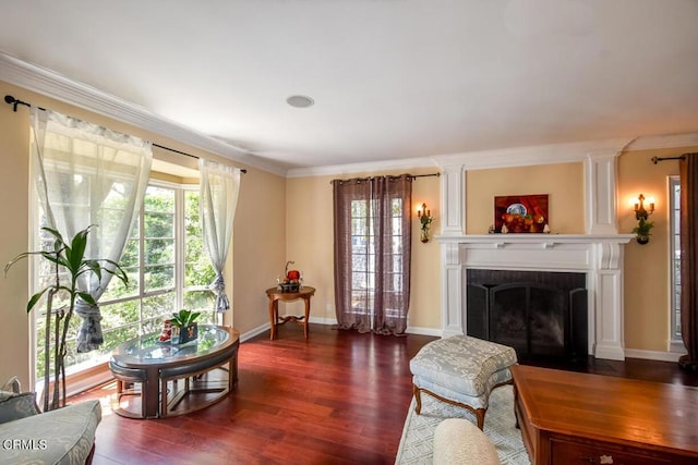 1908 Warwick Rd, San Marino, CA 91108 - living room featuring wood finished floors, a fireplace with flush hearth, ornamental molding, and baseboards