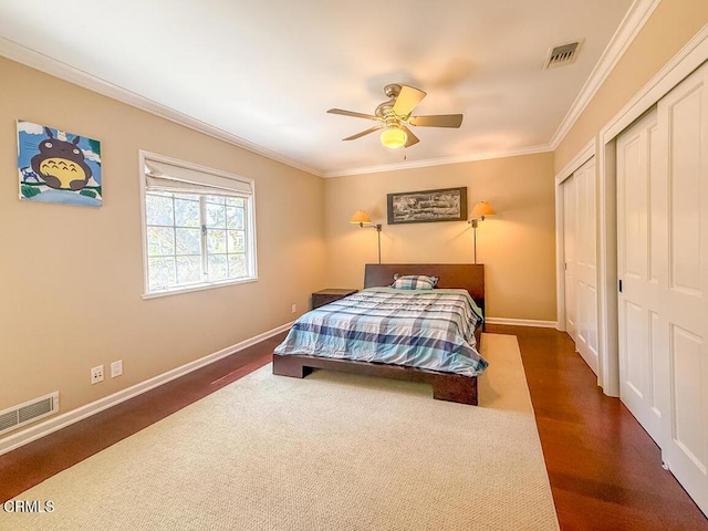 1908 Warwick Rd, San Marino, CA 91108 - bedroom with ornamental molding, baseboards, a ceiling fan, and two closets