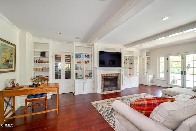 1908 Warwick Rd, San Marino, CA 91108 - living room with french doors, crown molding, wood finished floors, a brick fireplace, and beam ceiling
