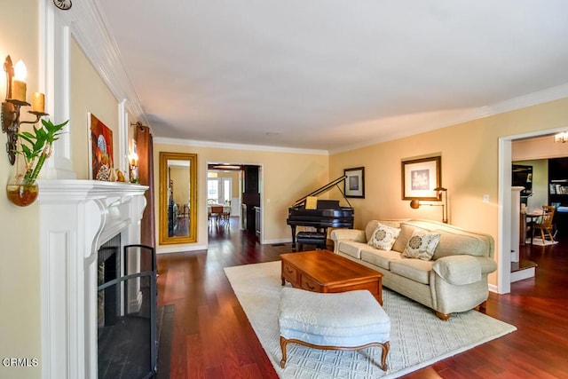 1908 Warwick Rd, San Marino, CA 91108 - living area with wood finished floors, crown molding, a fireplace, and baseboards