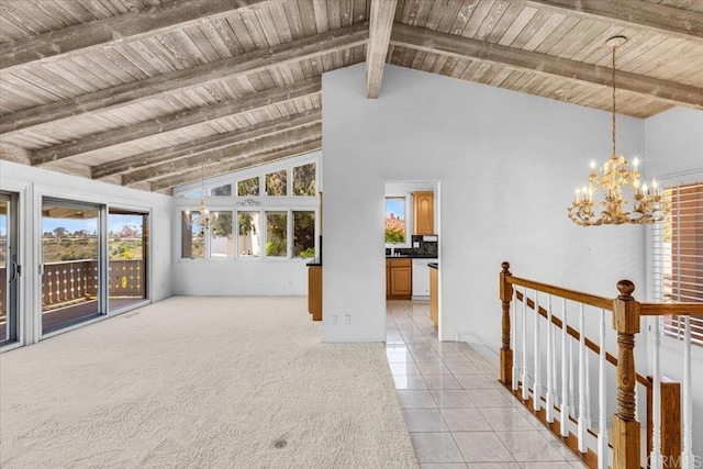 2117 Vista Entrada, Newport Beach, CA 92660 - unfurnished living room with a chandelier, light tile patterned floors, wooden ceiling with exposed beams, high vaulted ceiling, and light carpet