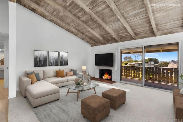 2117 Vista Entrada, Newport Beach, CA 92660 - living area featuring wooden ceiling with exposed beams, high vaulted ceiling, and a brick fireplace