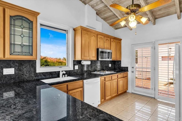 2117 Vista Entrada, Newport Beach, CA 92660 - kitchen featuring white appliances, a ceiling fan, light tile patterned flooring, wooden ceiling, and tasteful backsplash