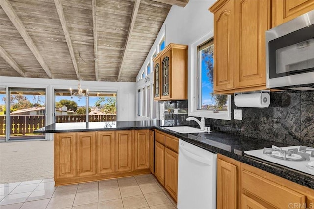 2117 Vista Entrada, Newport Beach, CA 92660 - kitchen with white appliances, a peninsula, a sink, wooden ceiling, and a chandelier