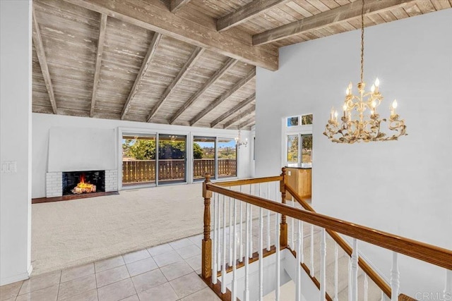2117 Vista Entrada, Newport Beach, CA 92660 - hall with wooden ceiling with exposed beams, light carpet, light tile patterned flooring, a chandelier, and an upstairs landing
