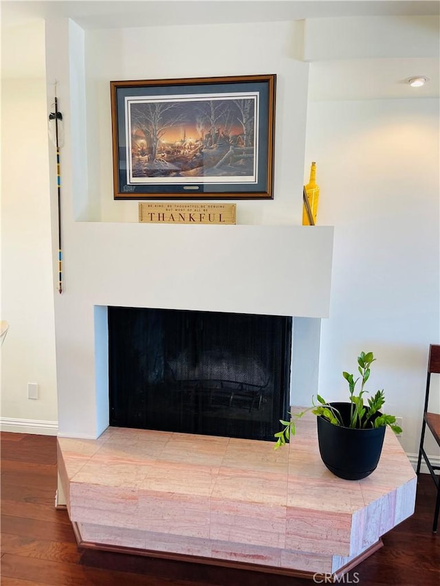 227 E Burbank Blvd Unit E, Burbank, CA 91502 - detailed view of a fireplace with raised hearth, wood finished floors, and baseboards
