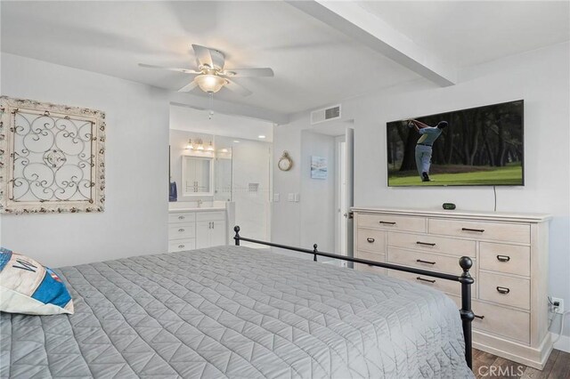 22244 Treasure Island Dr Unit 5, Canyon Lake, CA 92587 - bedroom with wood finished floors, ensuite bath, beam ceiling, and a ceiling fan