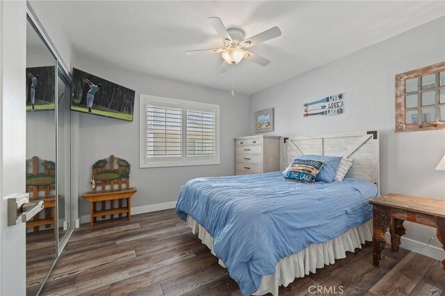 22244 Treasure Island Dr Unit 5, Canyon Lake, CA 92587 - bedroom with wood finished floors, baseboards, and ceiling fan