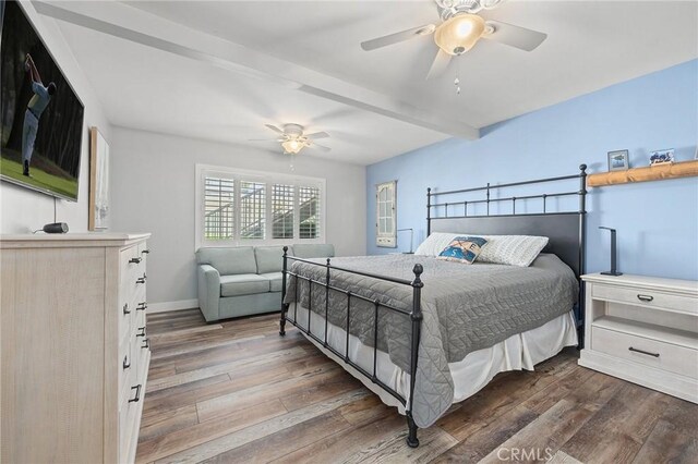22244 Treasure Island Dr Unit 5, Canyon Lake, CA 92587 - bedroom with beam ceiling, wood finished floors, baseboards, and a ceiling fan