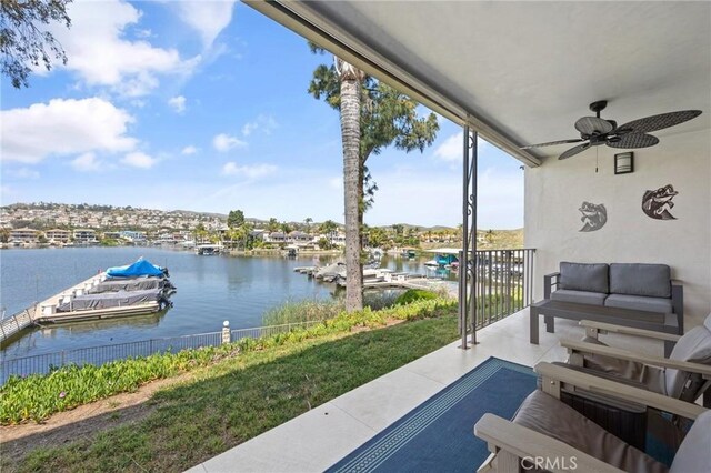 22244 Treasure Island Dr Unit 5, Canyon Lake, CA 92587 - view of patio / terrace featuring a water view, ceiling fan, and a floating dock