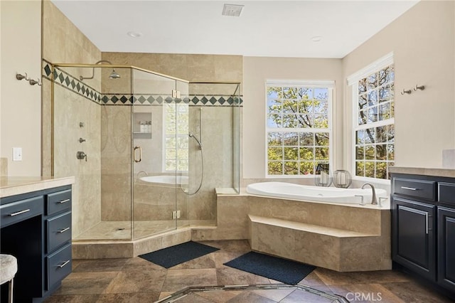 28537 N Shore Rd, Lake Arrowhead, CA 92352 - full bath with vanity, a bath, and a stall shower