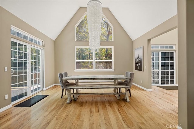 28537 N Shore Rd, Lake Arrowhead, CA 92352 - dining area featuring light wood-type flooring and high vaulted ceiling