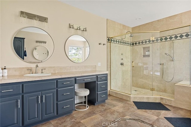 28537 N Shore Rd, Lake Arrowhead, CA 92352 - bathroom featuring a stall shower and vanity
