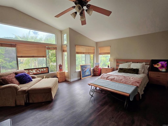 11610 Wills Creek Rd, San Diego, CA 92131 - bedroom featuring wood finished floors, a ceiling fan, baseboards, and high vaulted ceiling