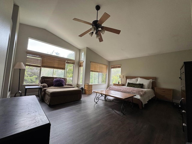 11610 Wills Creek Rd, San Diego, CA 92131 - bedroom with wood finished floors, multiple windows, high vaulted ceiling, and ceiling fan