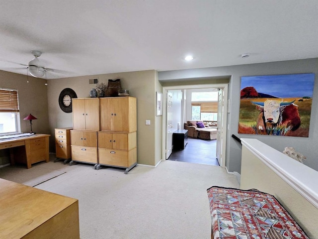 11610 Wills Creek Rd, San Diego, CA 92131 - bedroom with light colored carpet, ceiling fan, recessed lighting, and baseboards