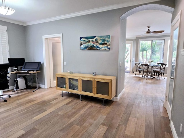 11610 Wills Creek Rd, San Diego, CA 92131 - office with wood finished floors, ceiling fan, crown molding, arched walkways, and baseboards