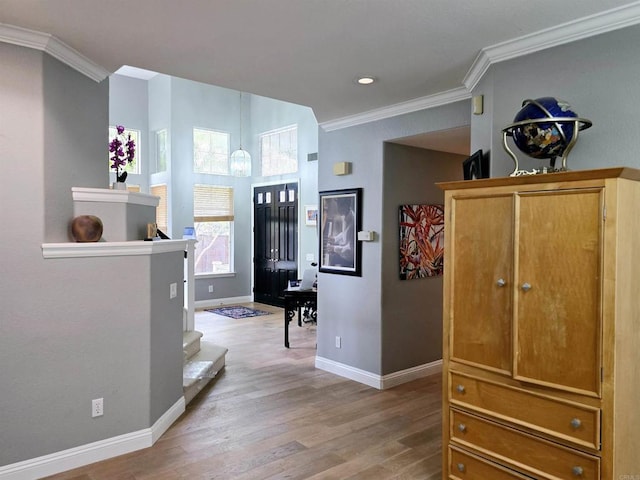 11610 Wills Creek Rd, San Diego, CA 92131 - corridor featuring crown molding, light wood-type flooring, baseboards, and recessed lighting