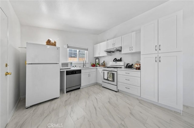19508 Springport Dr, Rowland Heights, CA 91748 - kitchen featuring white appliances, under cabinet range hood, white cabinetry, a sink, and light marble finish floors