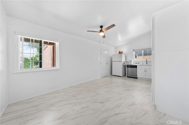 19508 Springport Dr, Rowland Heights, CA 91748 - unfurnished living room featuring light marble finish floors, a sink, a ceiling fan, lofted ceiling, and baseboards