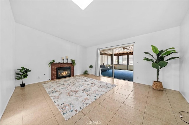 19508 Springport Dr, Rowland Heights, CA 91748 - tiled living room with a brick fireplace and vaulted ceiling
